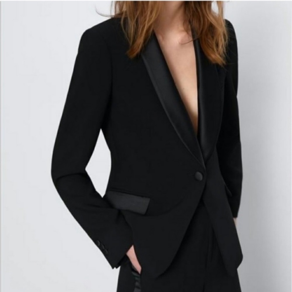 Zara Black Satin Lapel Shawl-collar Tuxedo Jacket Blazer Single Button Size M